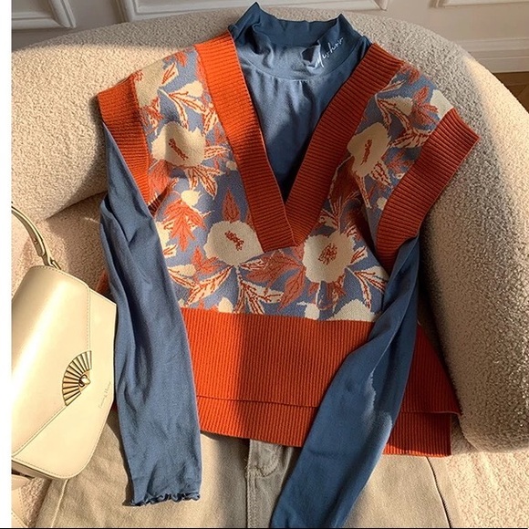 Floral know vest sweater too v-neck high low knit vintage soft orange - Picture 3 of 14